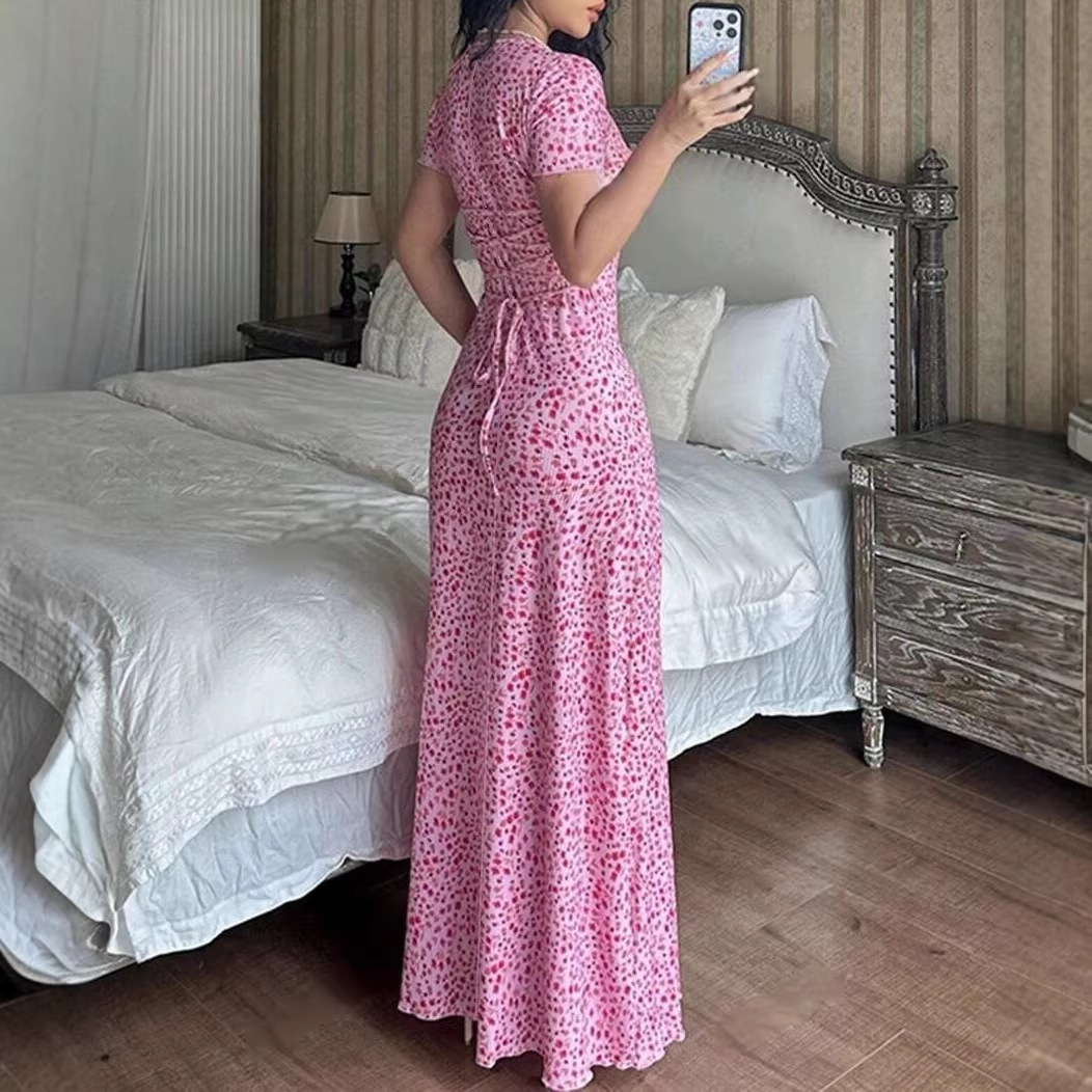 Women's Floral Print U-Neck Back Tie A-Line Midi Dress