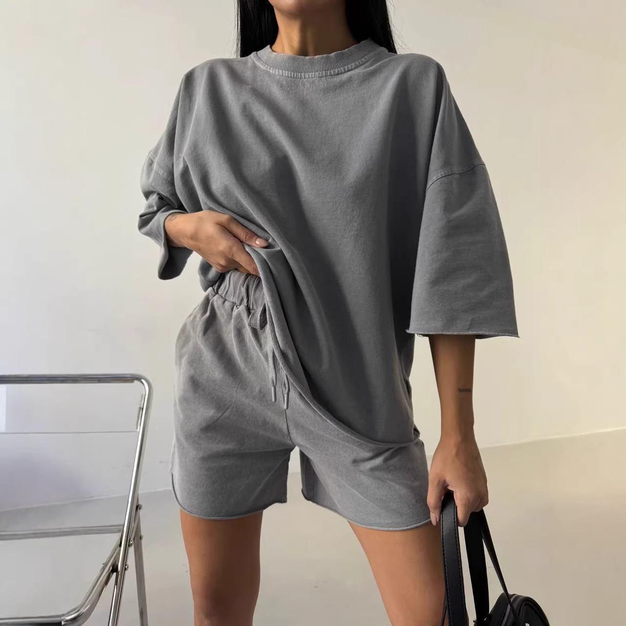 Women's Solid Color Loose Casual Sweatshirt Two-Piece Set