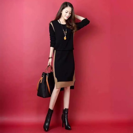 French Knit Dress Women's Long Sleeve Geometric A-Line Midi Dress