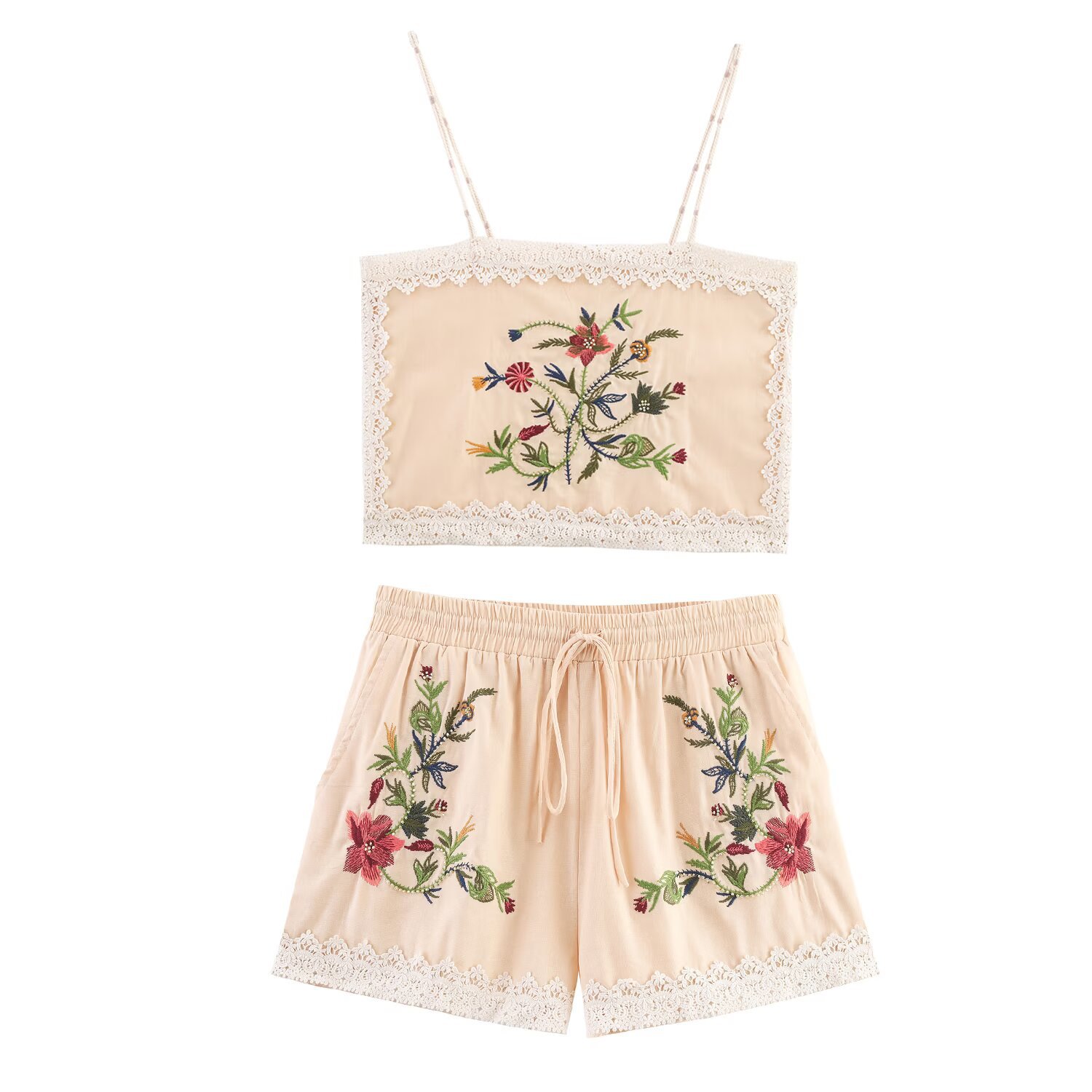 Embroidered Cami Top and Casual Shorts Set
