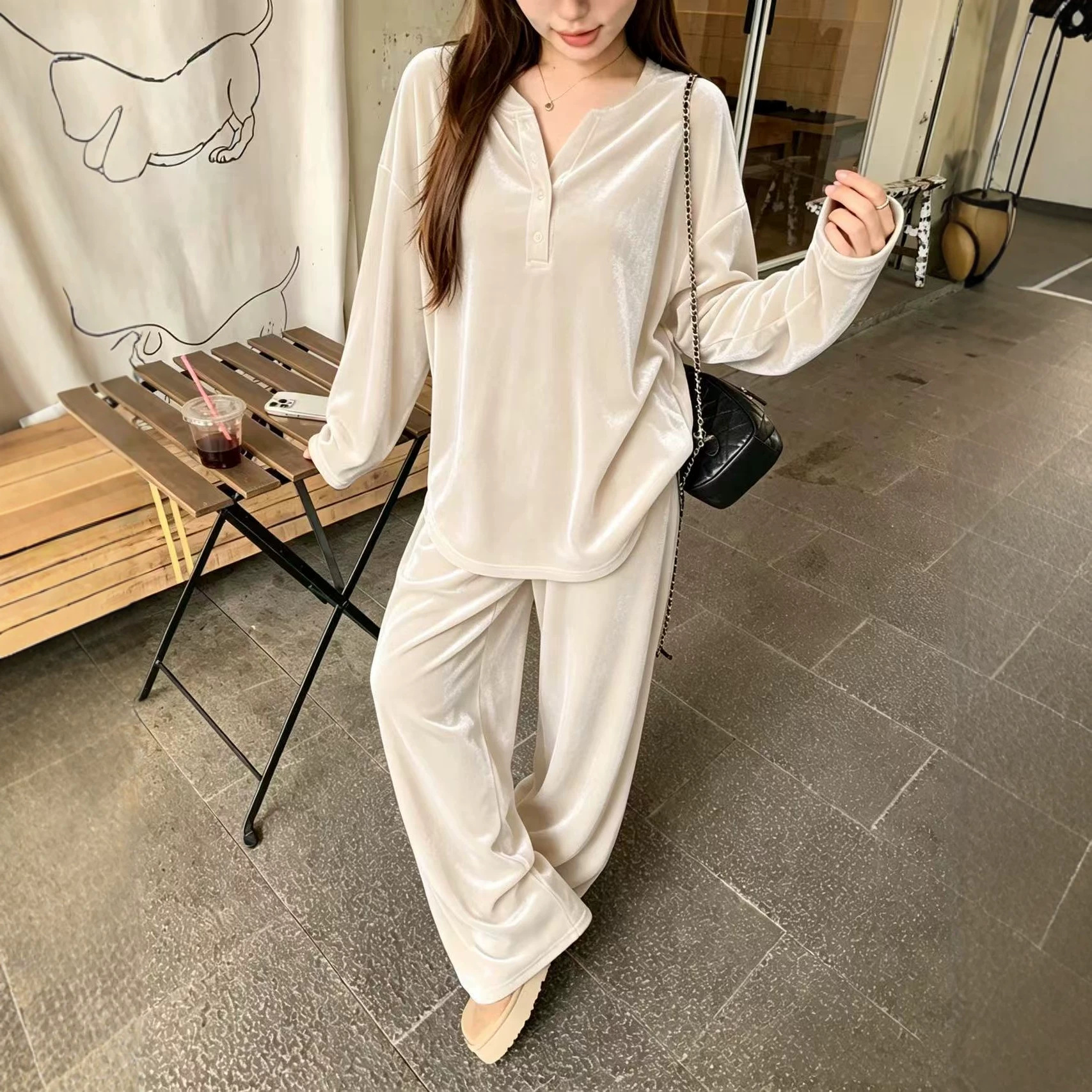 Solid Button Drawstring Loose Long-Sleeve Women's Pants Set