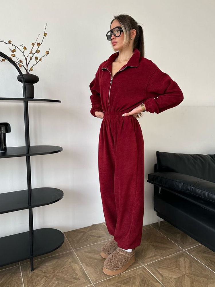Women's Long Sleeve Jumpsuit with Half Placket and Elastic Waist