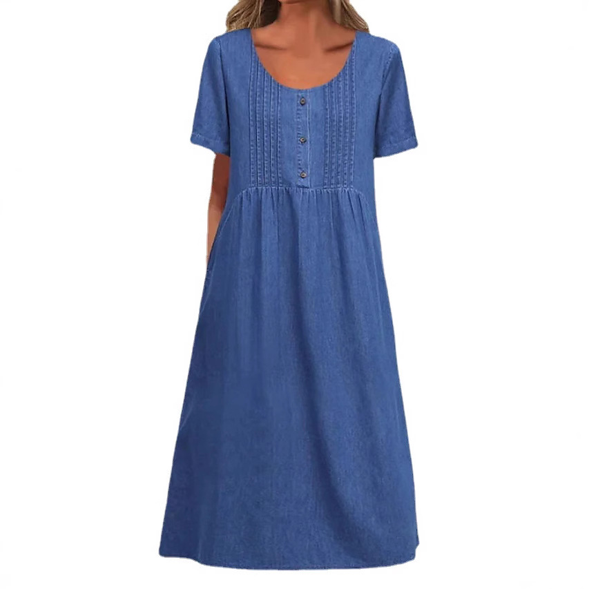 Women's U-Neck Midi Denim Dress Short Sleeve Elegant