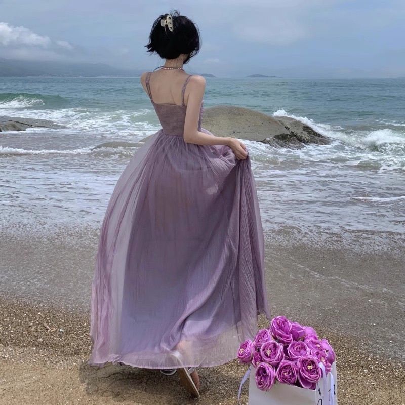 French Purple Slip Dress Women's Summer Petite Elegant Beach Vacation Long Dress