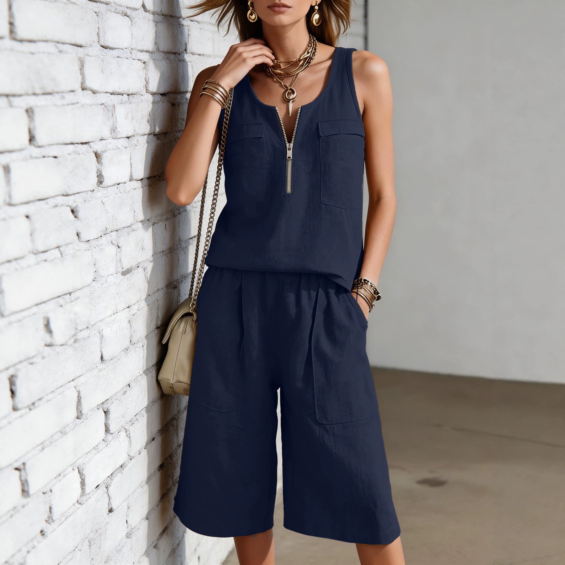 Women's Half-Zip Sleeveless Vest and Wide-Leg Capri Pants Set