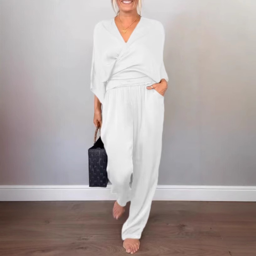 Women's Summer Satin Short Sleeve Top and Pants Set Solid Color