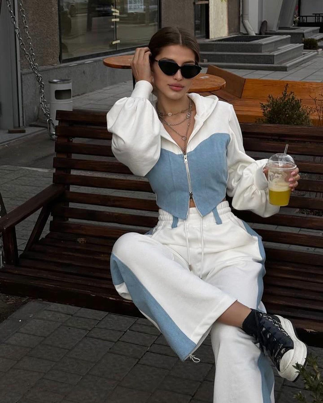 Women's Denim Patchwork Hoodie and Pants Two-Piece Set