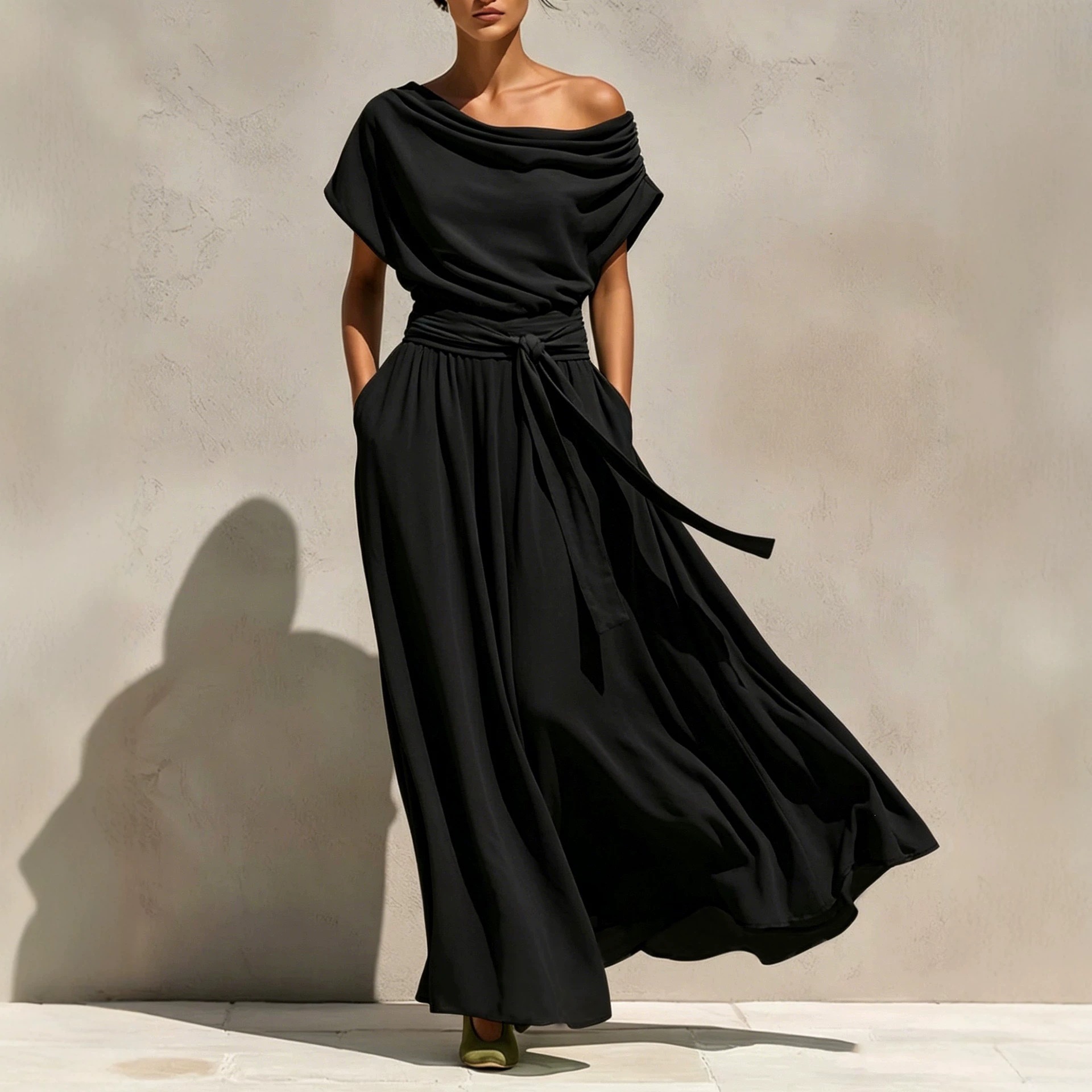 Boat Neck Short Sleeve Bohemian Chiffon Waist-Cinching Slimming Dress