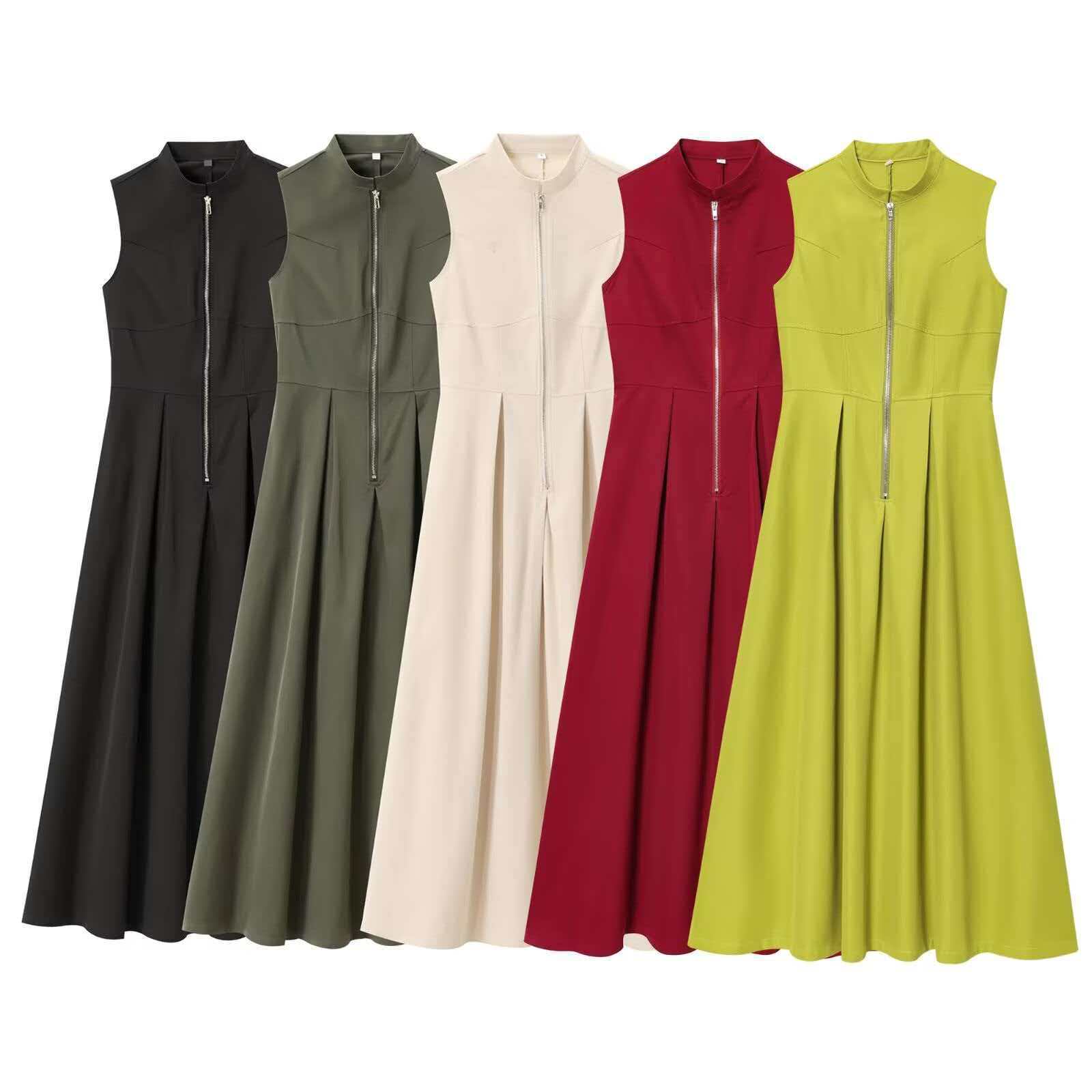 Women's Sleeveless Front Zip Midi Dress Solid Slim Fit