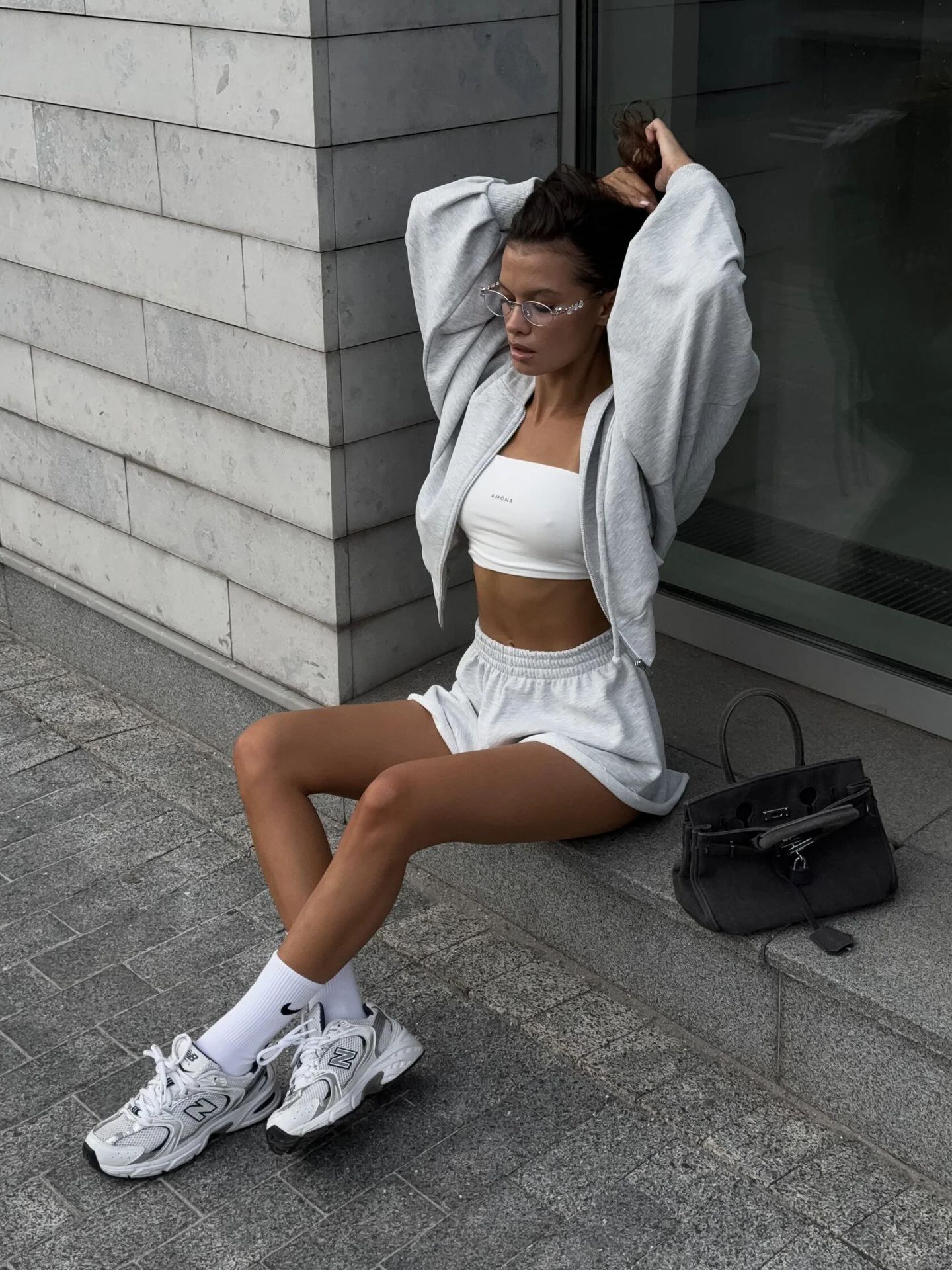 Women's Solid Color Long Sleeve Hooded Drawstring Sweatshirt and Shorts Set