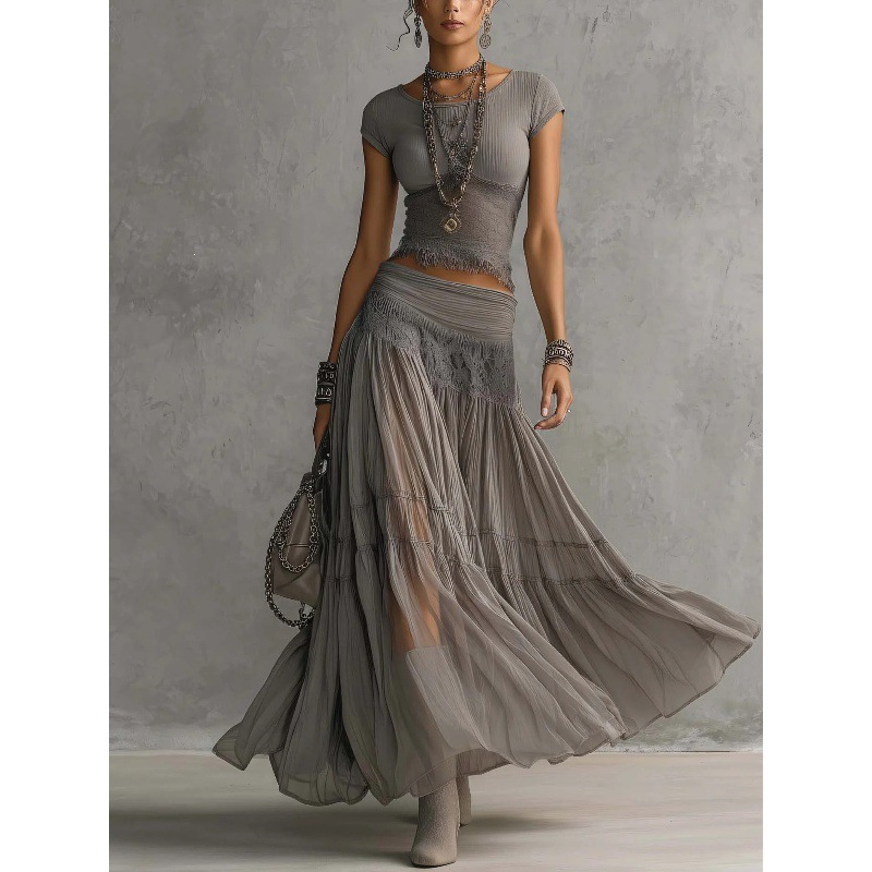 Gray Knit Top & Chiffon Maxi Skirt Two-Piece Set