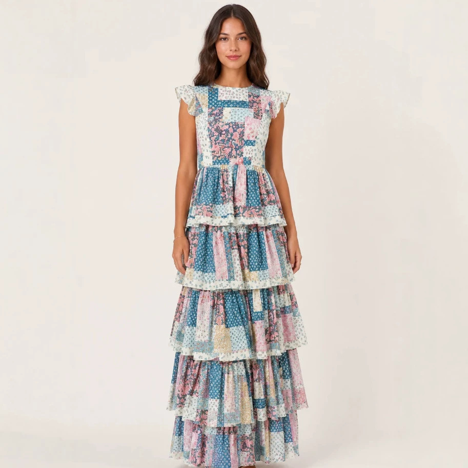 Printed Round Neck Sleeveless Plaid Spliced Tiered Maxi Dress