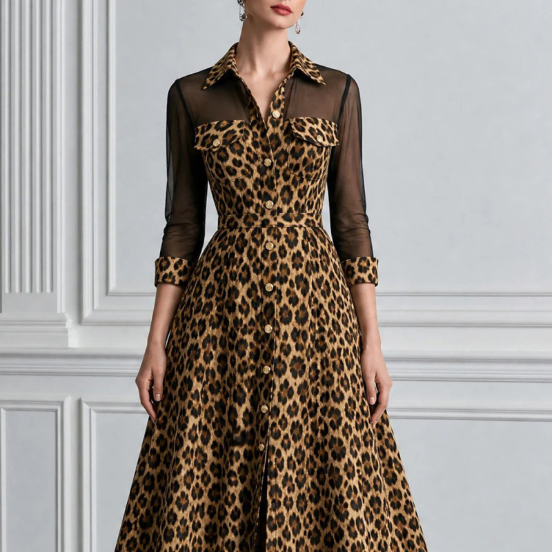 Leopard Print Collared Long Sleeve A-Line Maxi Dress