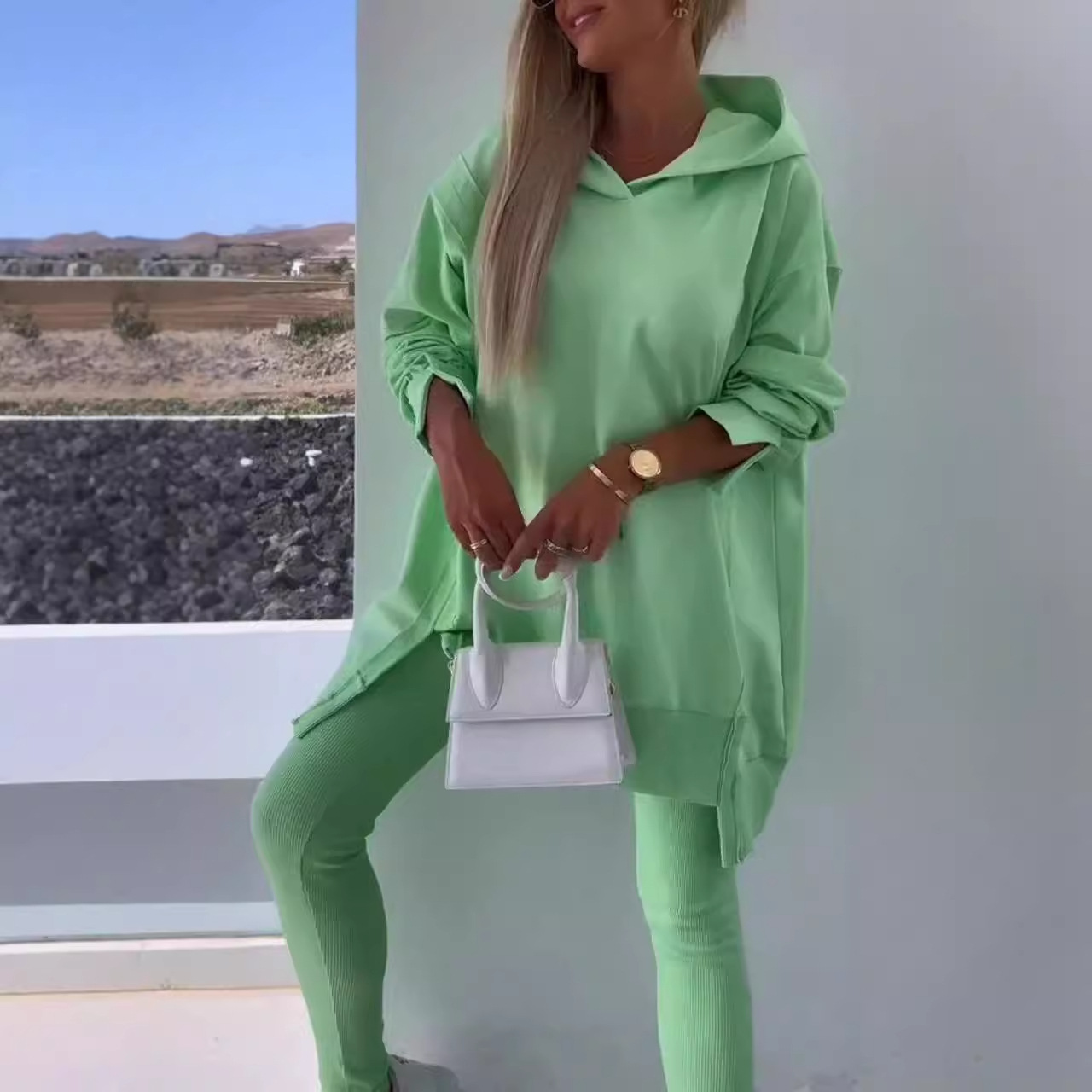 Women's Casual Hooded Split Top and Leggings Two-Piece Set