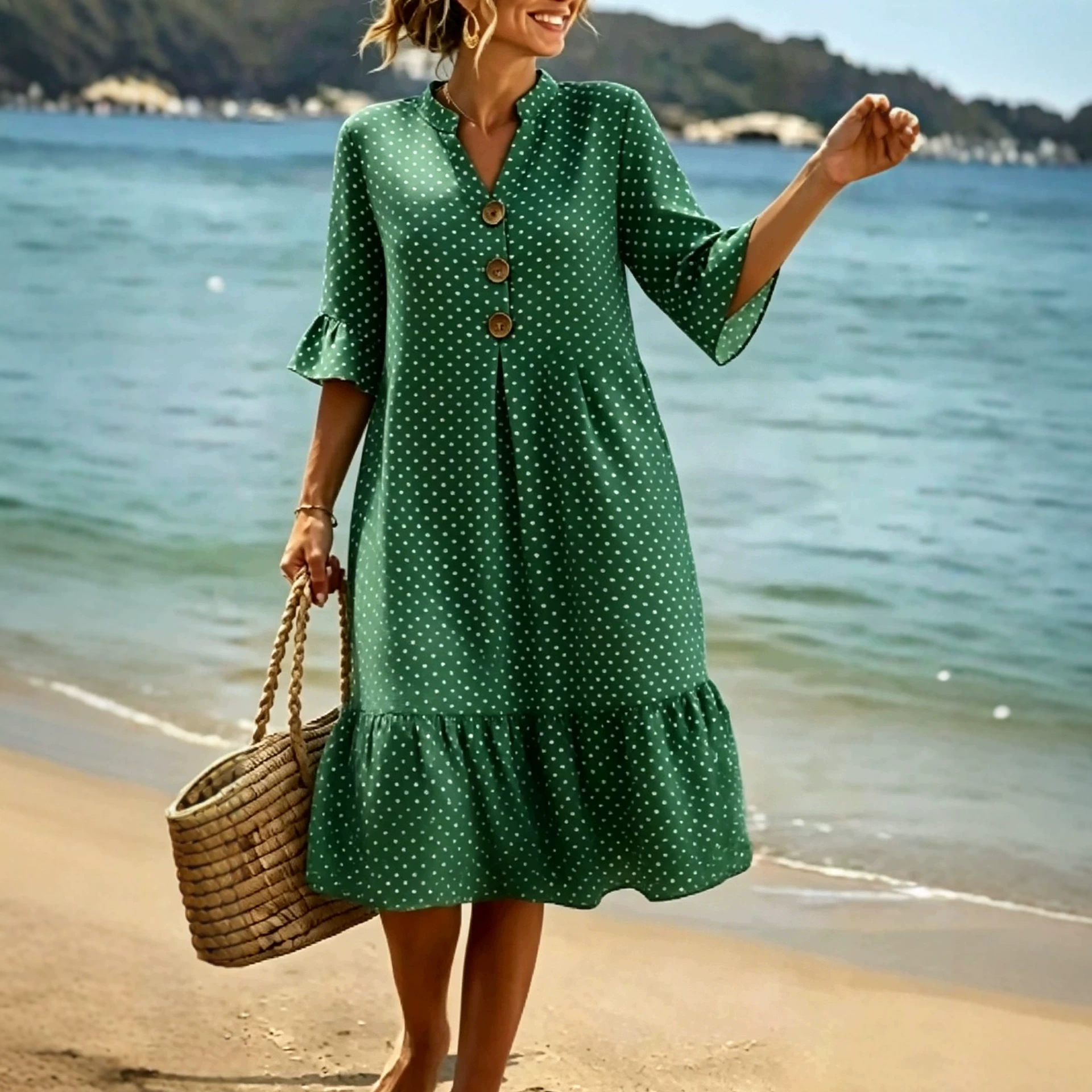 V-Neck Polka Dot Ruffle Sleeve Boho Short Sleeve Vacation Dress