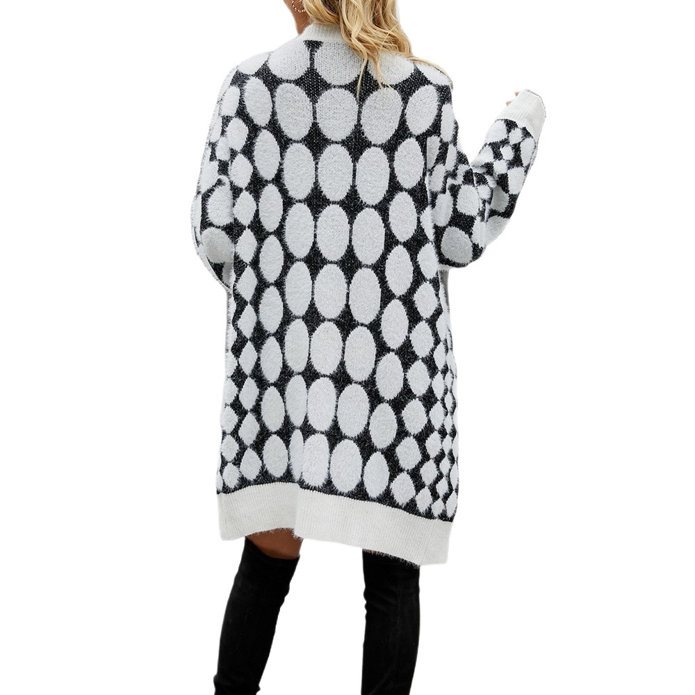 Mink-Like Knit Cardigan Sweater, Mid-Length, Plus Size, V-Neck, White/Khaki