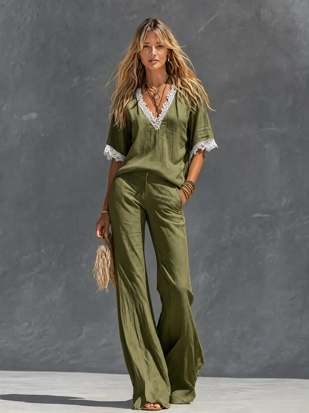 Women's Cotton-Linen Lace Two-Piece Set with Wide-Leg Pants Vacation Beach Outfit