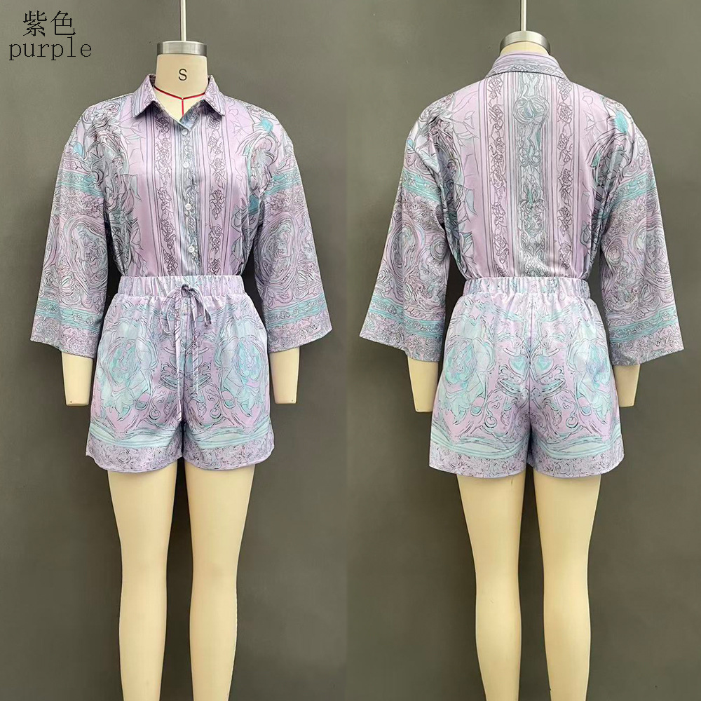 Women's Printed Long Sleeve Shorts Two-Piece Set Casual Polo Shirt Outfit