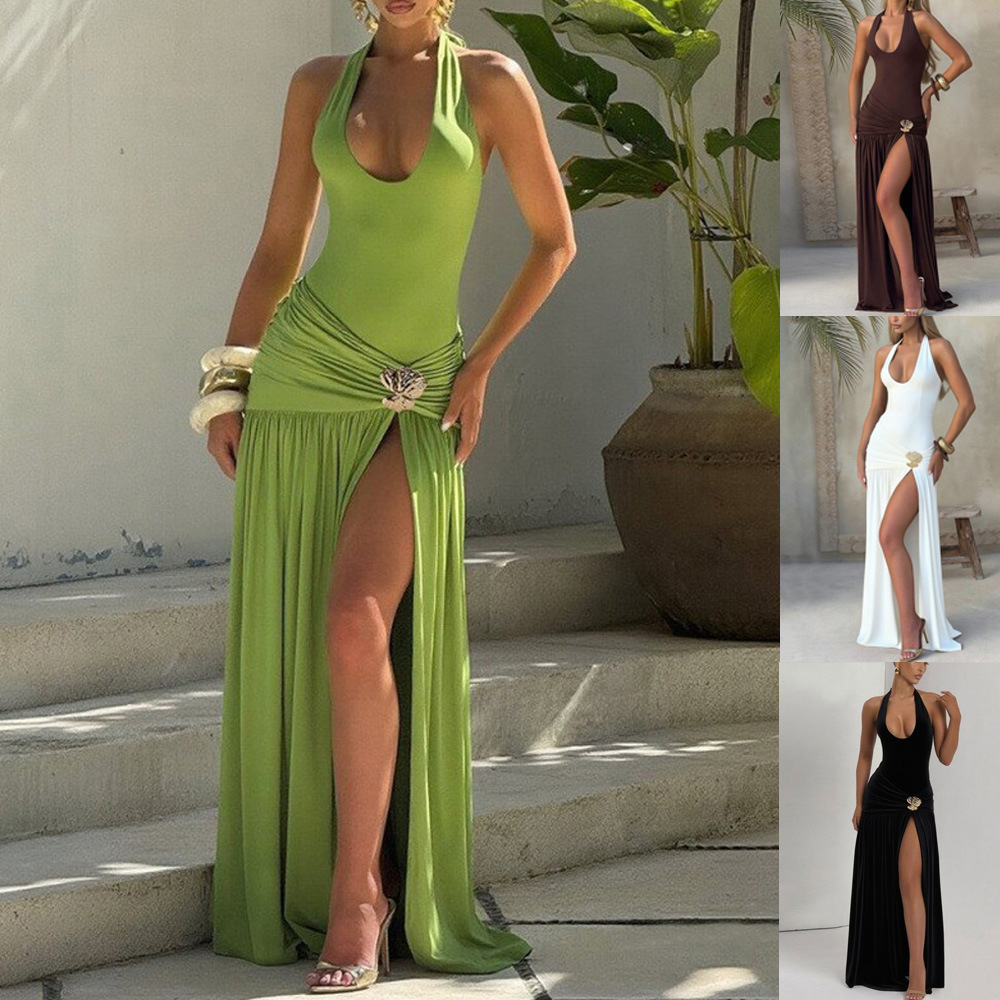Women's Halter Neck Backless Bodycon Slit Long Dress