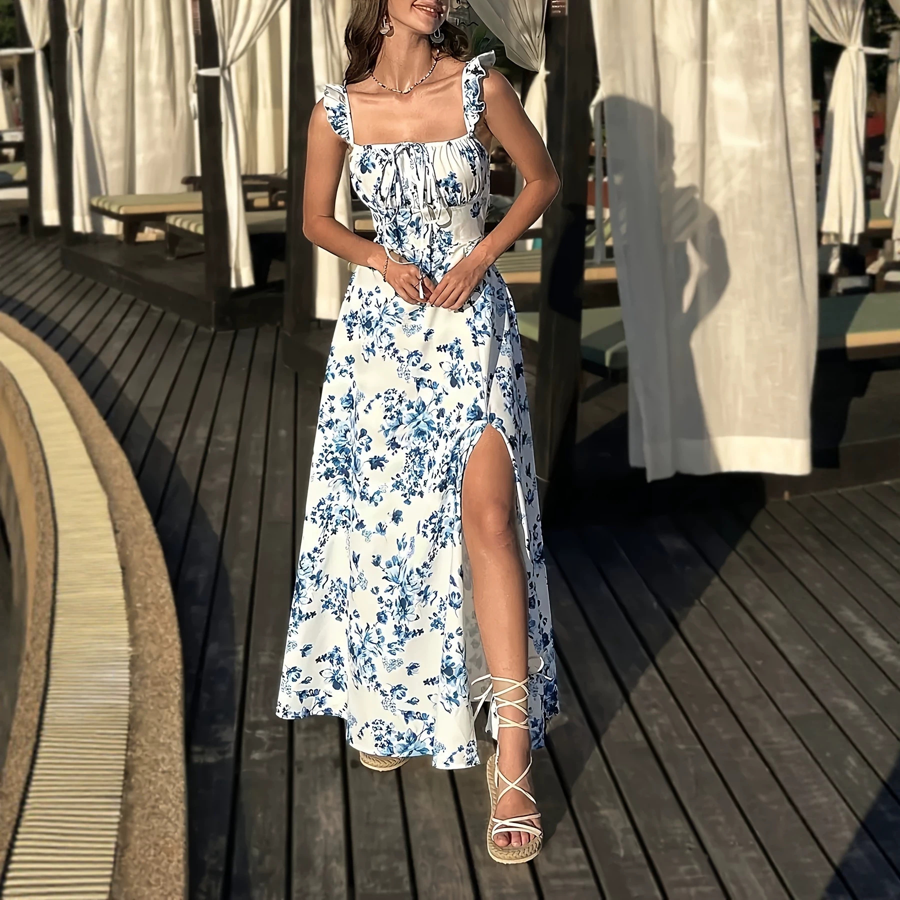Women's Floral Print Square Neck High Slit Tie Back Maxi Dress