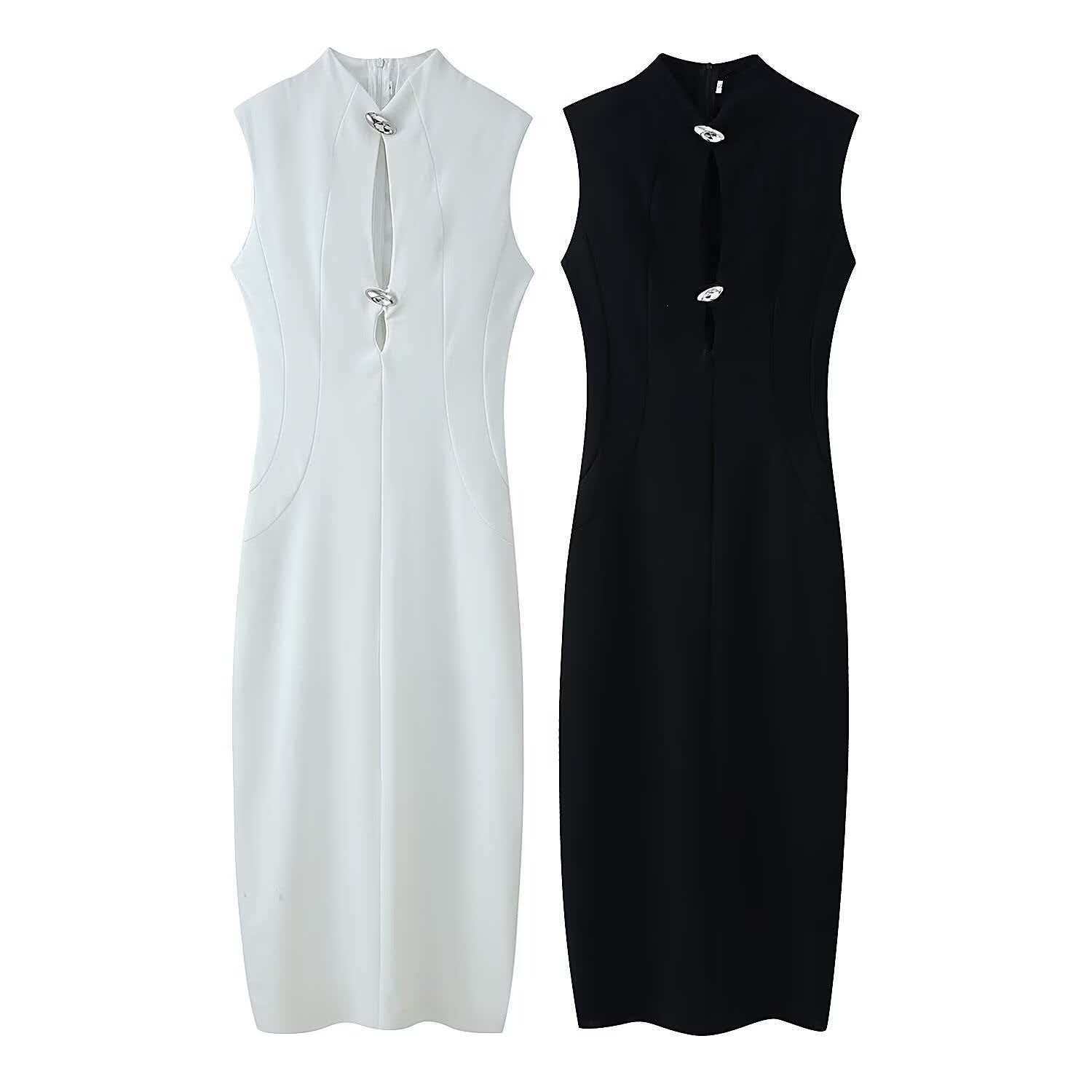 Slim-Fit Metal-Trim Stand-Collar Qipao Dress