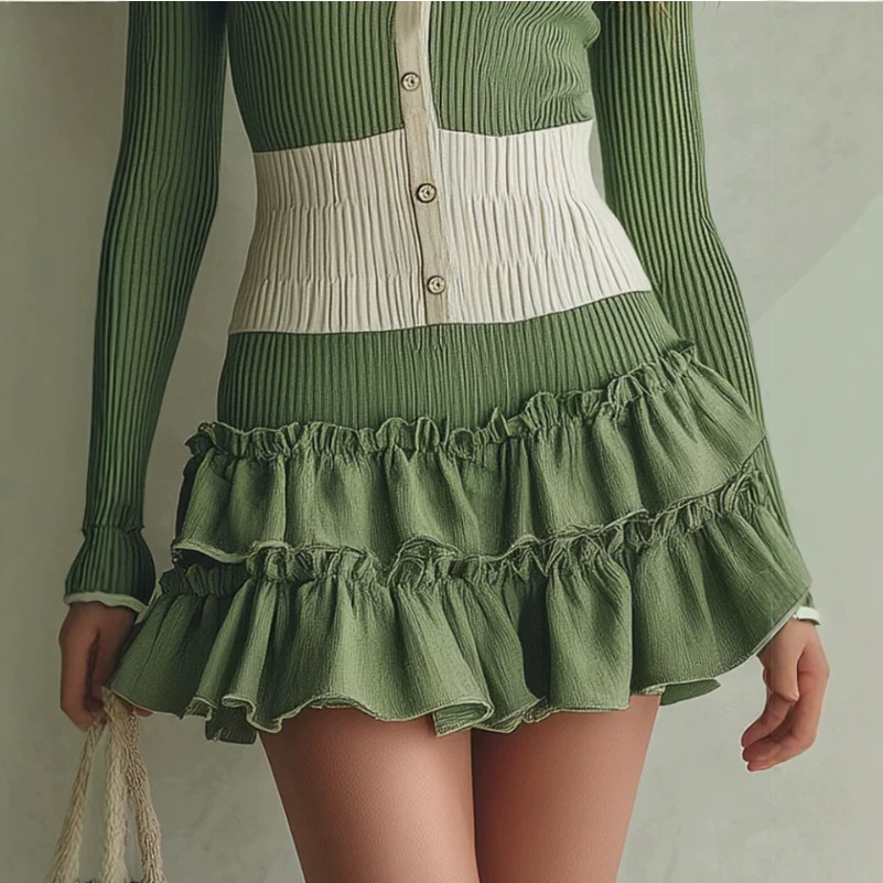 Vintage Ruffled V-Neck Long-Sleeve Short Dress