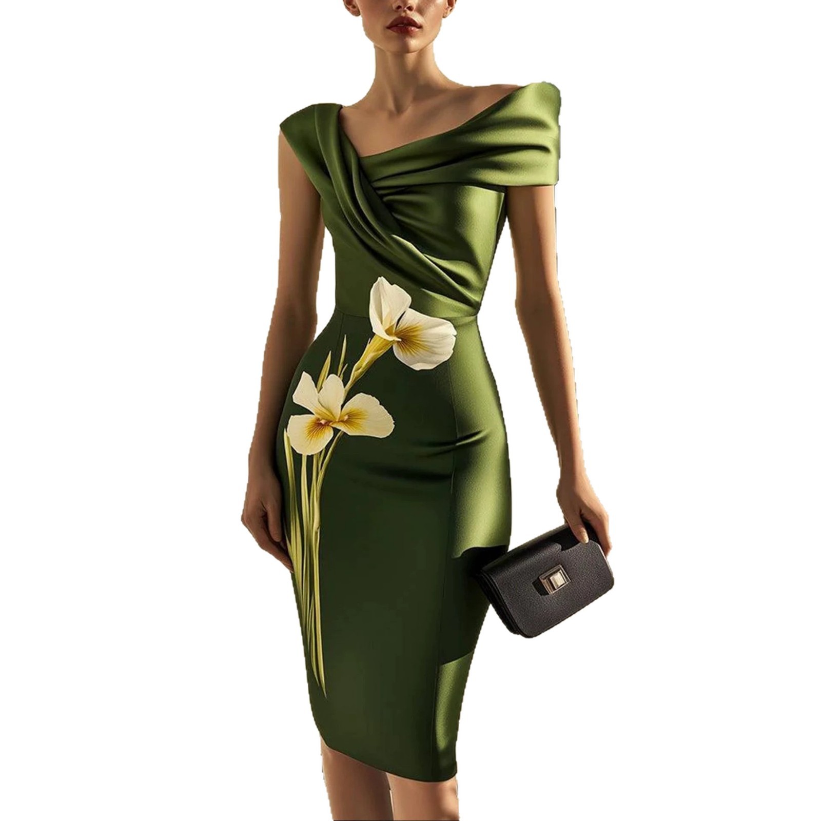 Elegant Floral Print Waist-Cinching Midi Dress