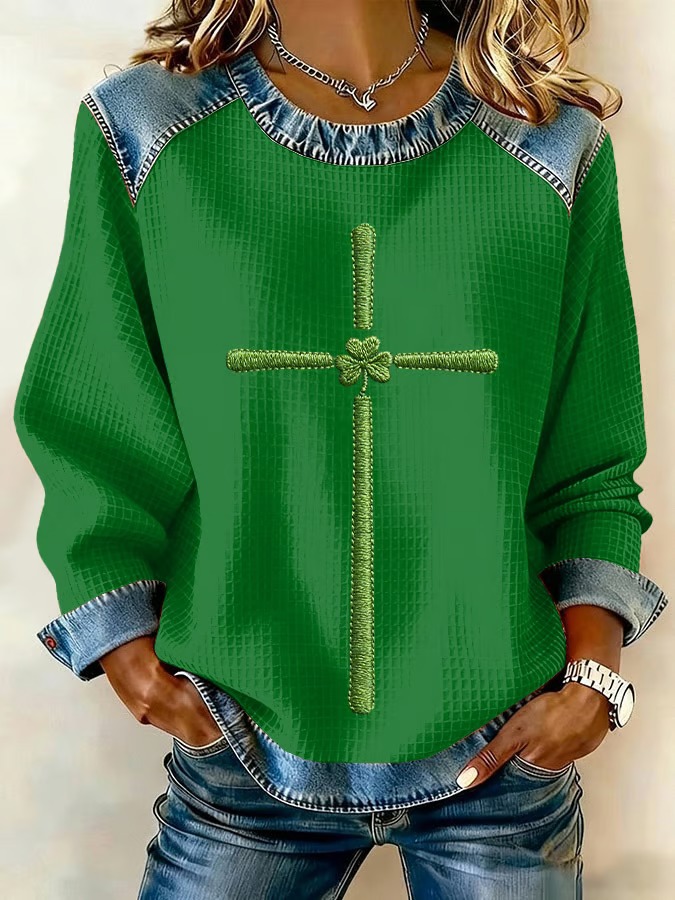 Women's Clover Print Waffle Knit Crewneck Sweatshirt