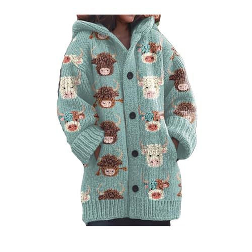 Women's Cartoon Cow Print Hooded Button Cardigan Sweater