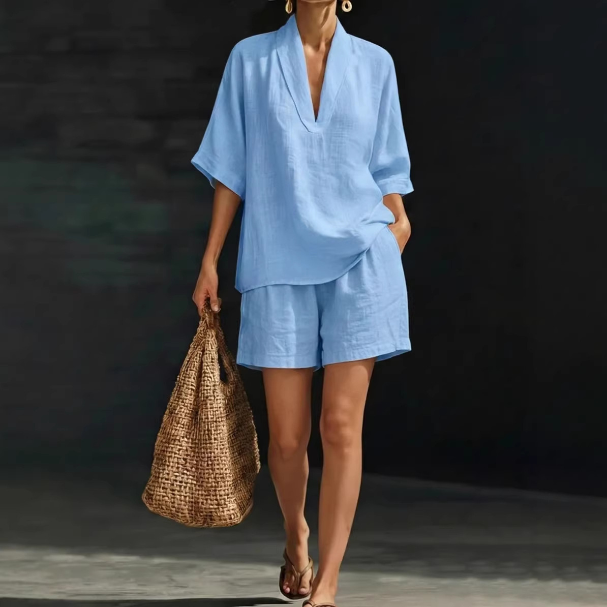 V-Neck Short Sleeve Wide Leg Pants Set Casual Solid Color