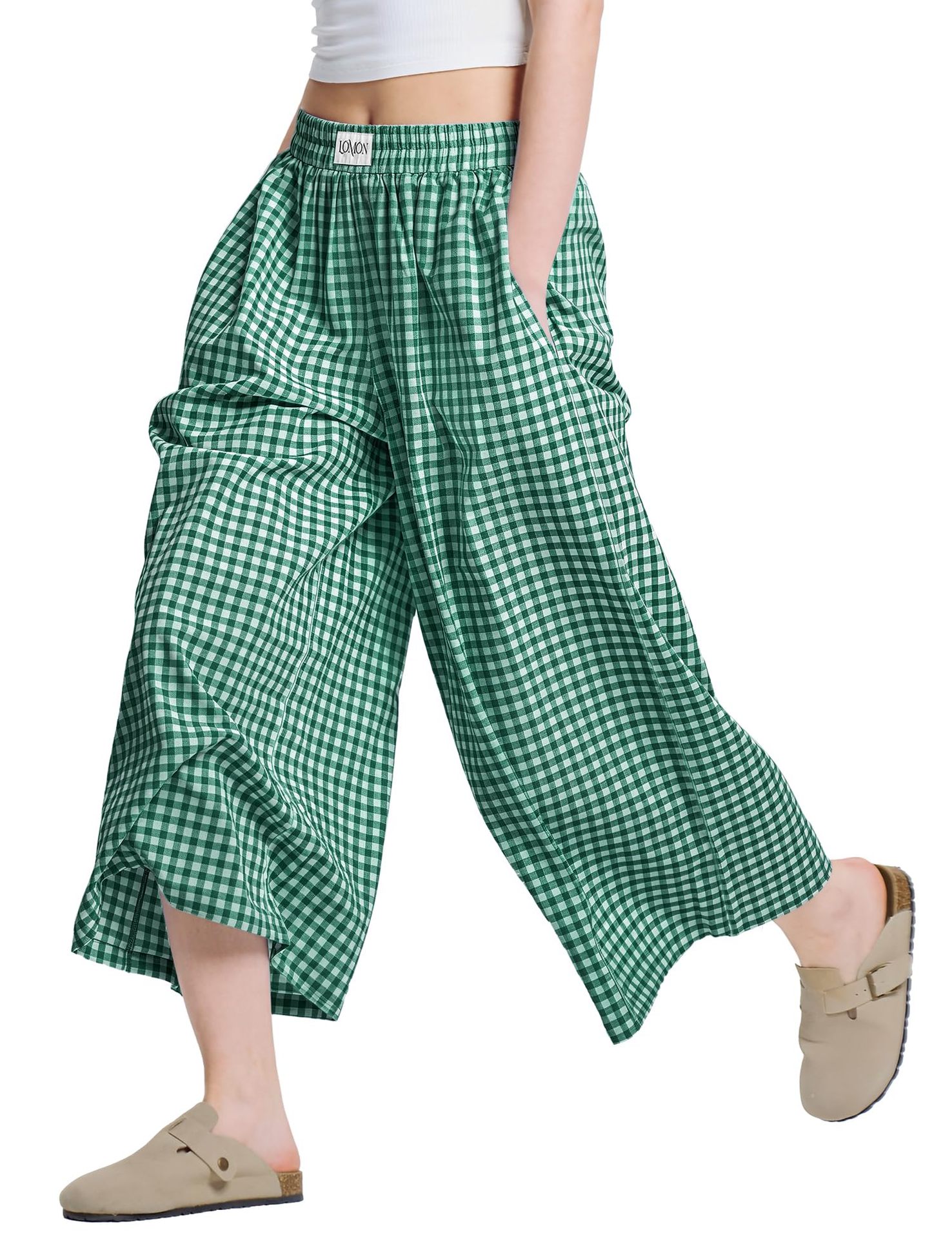 Women's Plaid Linen-Blend Wide-Leg Pants Loose Casual