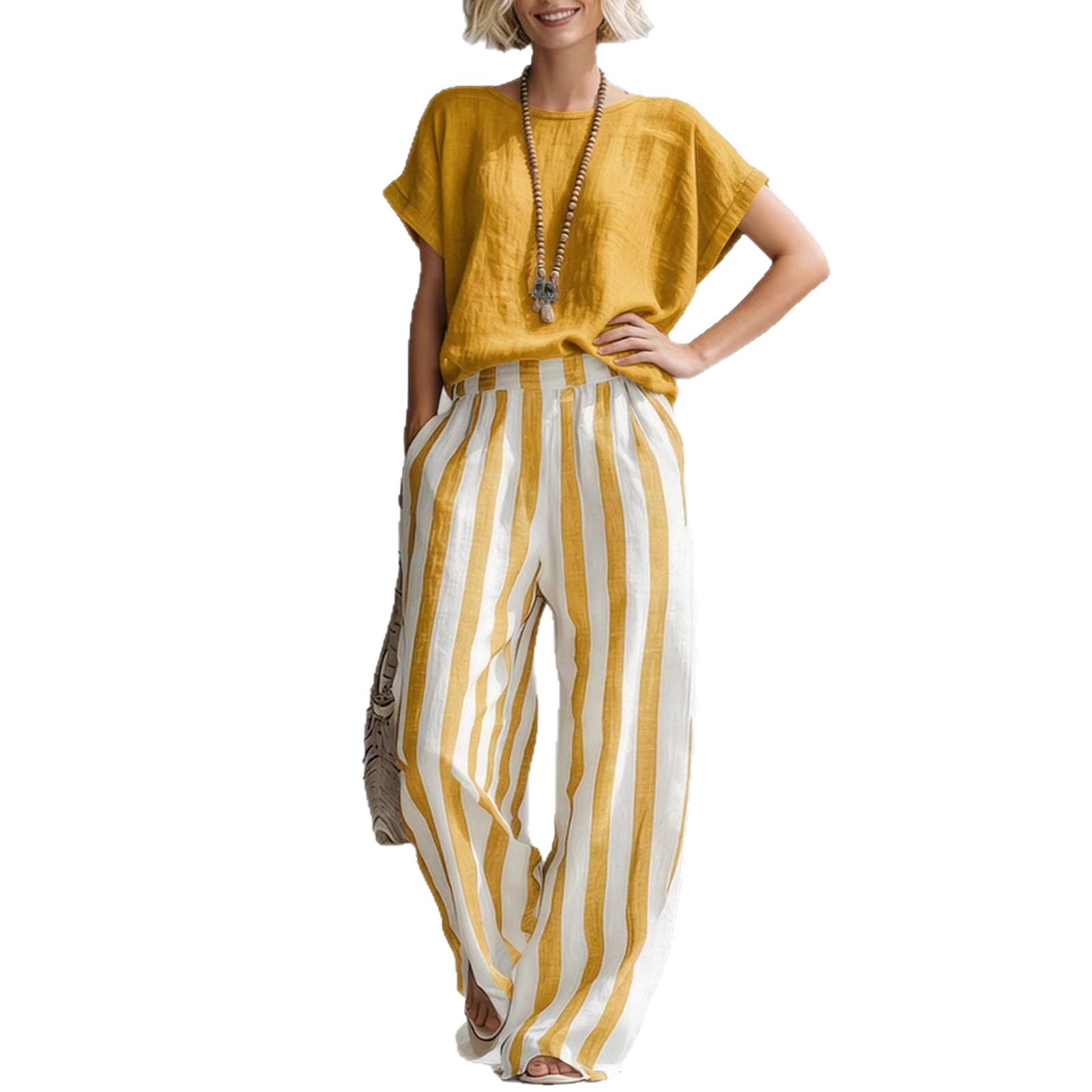 Striped Crewneck Top & Straight-Leg Pants Casual Set