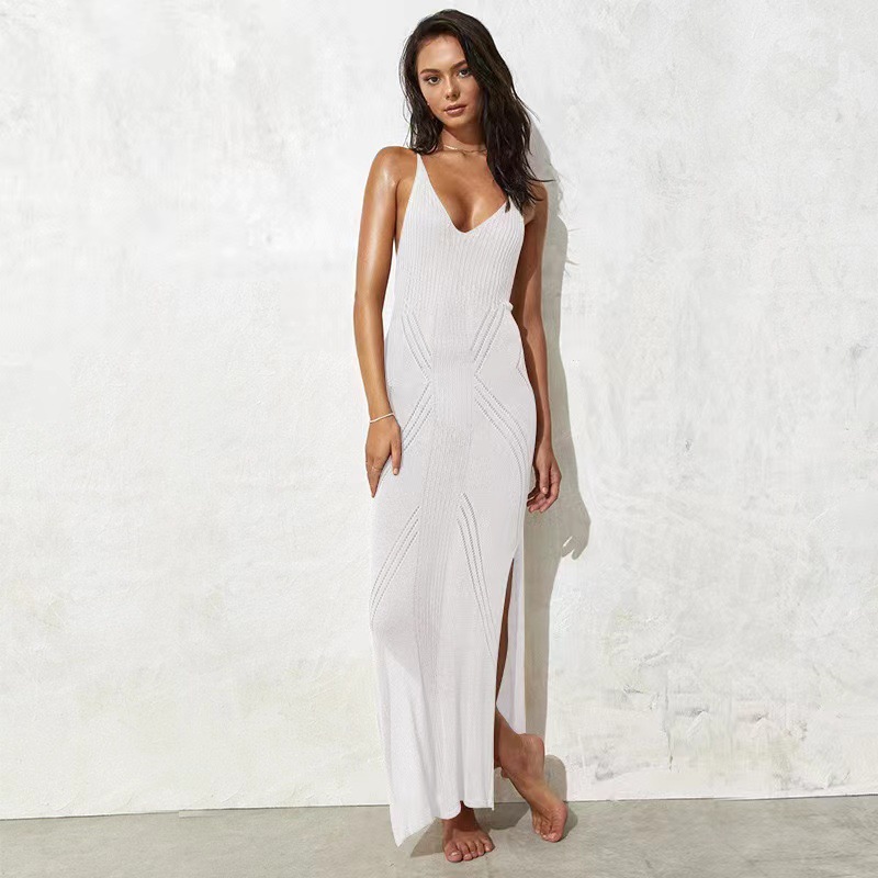 Women's Sleeveless V-Neck Knit Maxi Beach Dress with Crisscross Straps