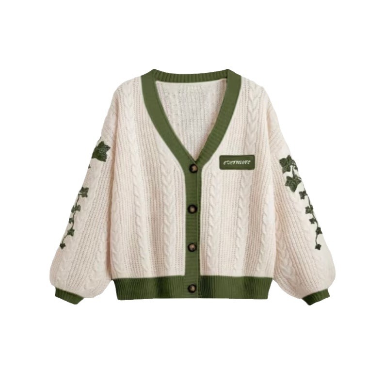 Leaf Embroidered Lantern Sleeve Cardigan Sweater