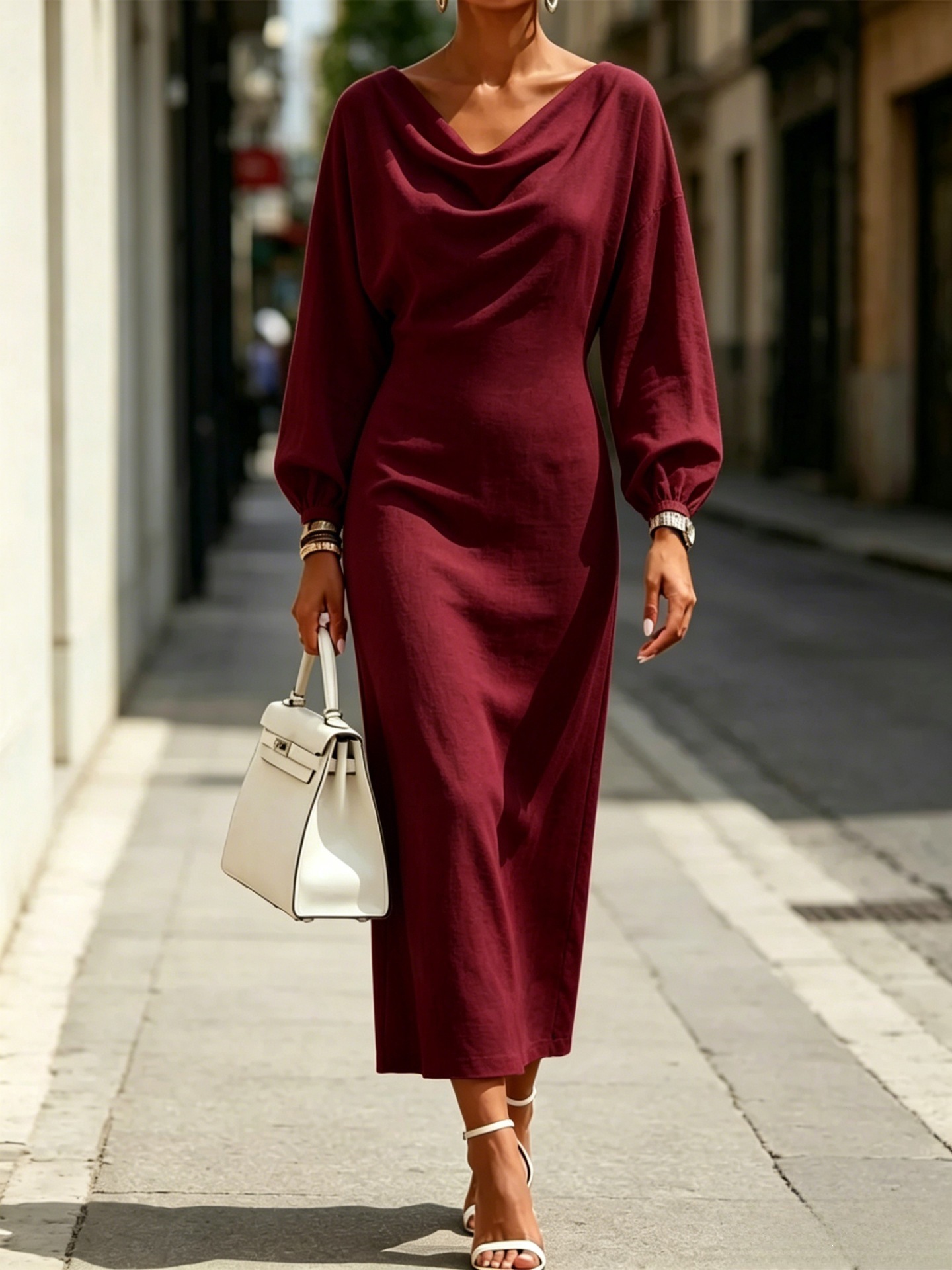 Women's Cowl Neck Lantern Sleeve Midi Dress High Waist Slimming A-Line