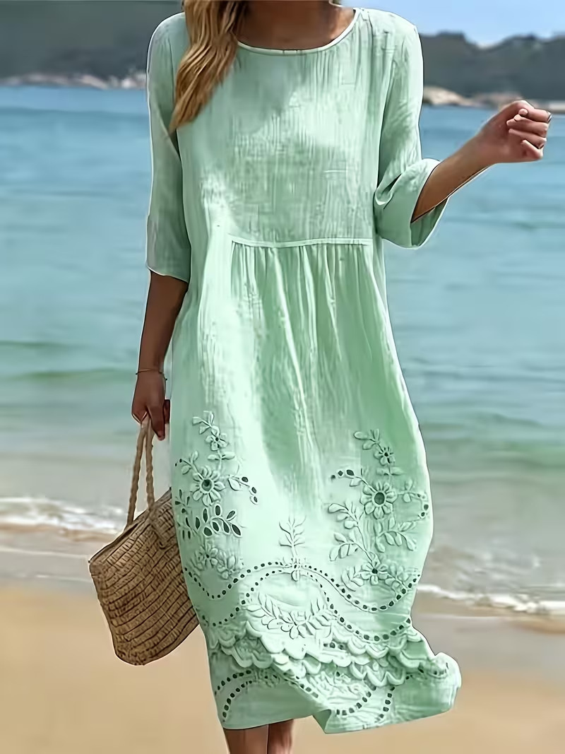 Women's Floral Print Pleated Midi Dress Round Neck Half Sleeve