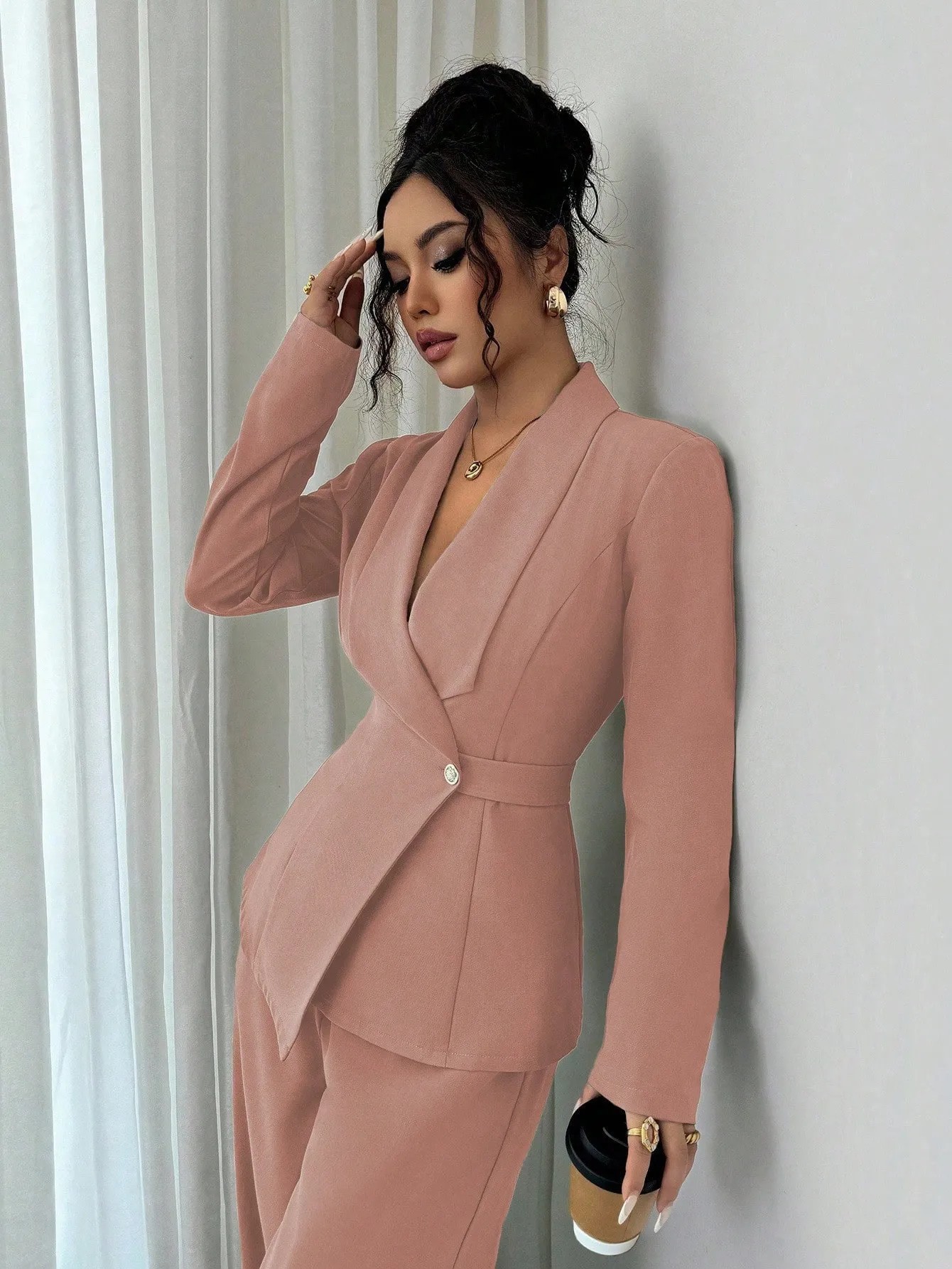 Women's Solid V-Neck Long Blazer and Wide-Leg Pants Two-Piece Set