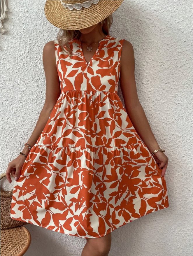 Boho V-Neck Pleated Floral Print Midi Dress