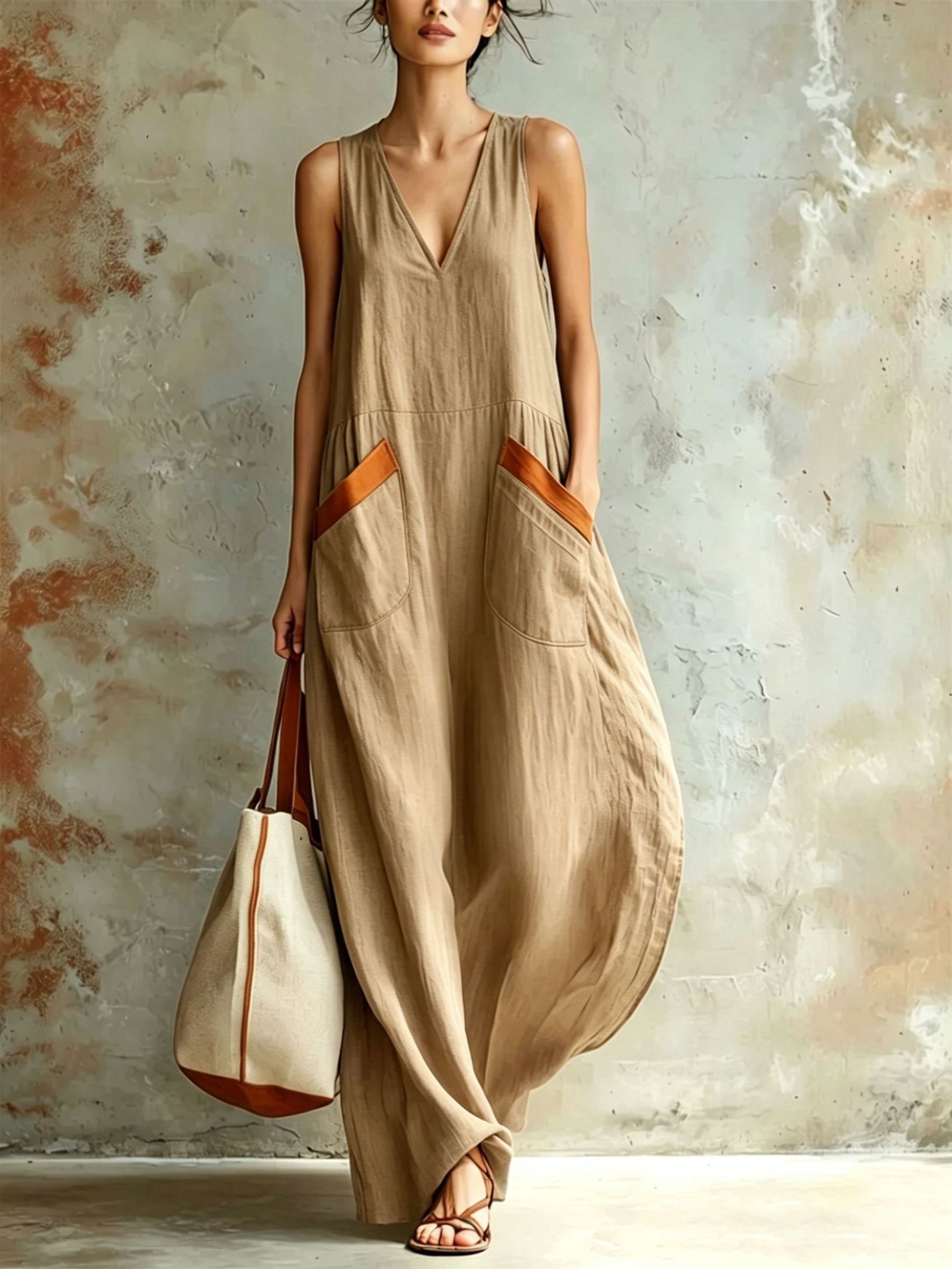 V-Neck Loose Lightweight Sleeveless Maxi Dress