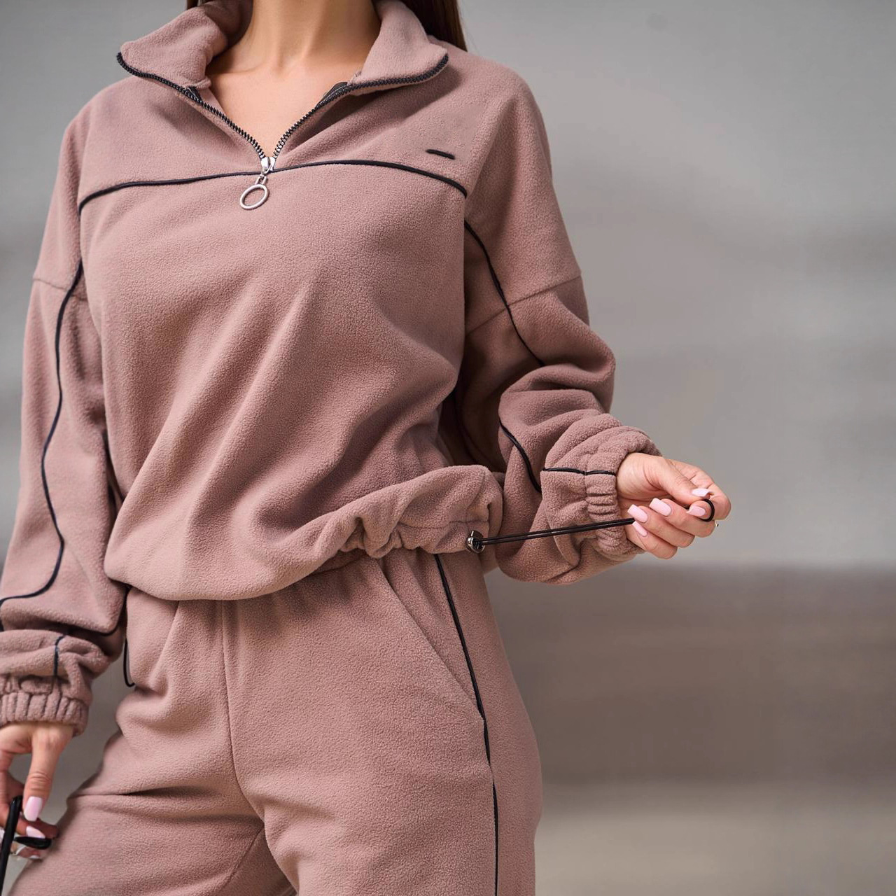 Women's Casual Loose Zip Stand Collar Fleece Hoodie Two-Piece Set