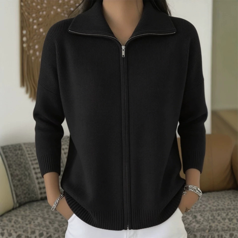 Women's Zip-Up Knit Cardigan with Collar, Solid Color, Relaxed Fit
