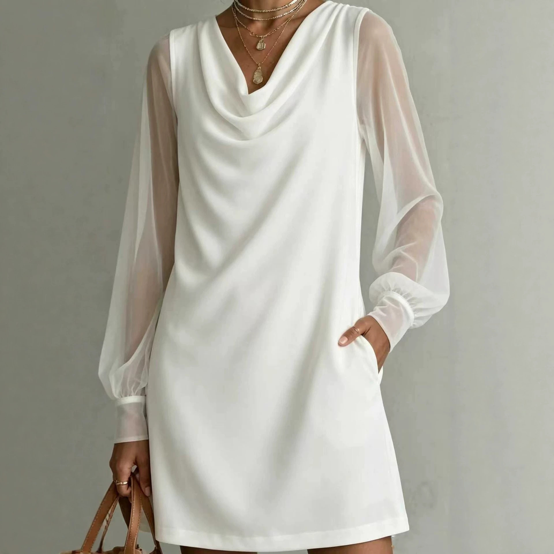 Women's Cowl Neck Sheer Mesh Long Sleeve Dress with Pockets