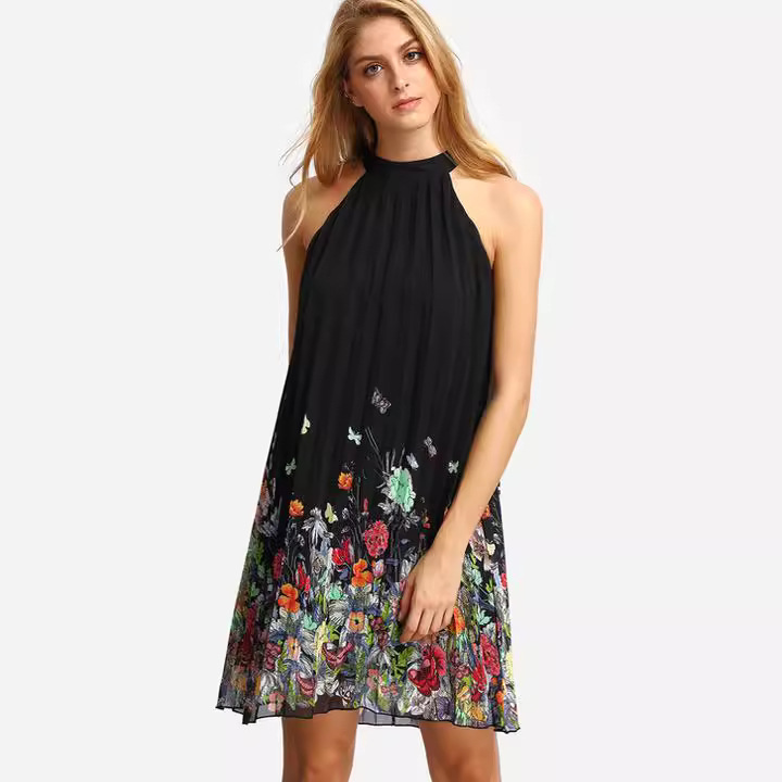 Women's Sleeveless Halter Neck Pleated Floral Print Loose Dress