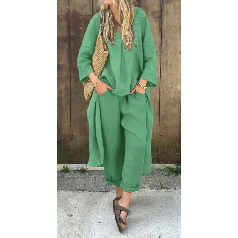 Women's Plus Size Cotton-Linen V-Neck Long Sleeve Top & Pants Set Casual Loungewear