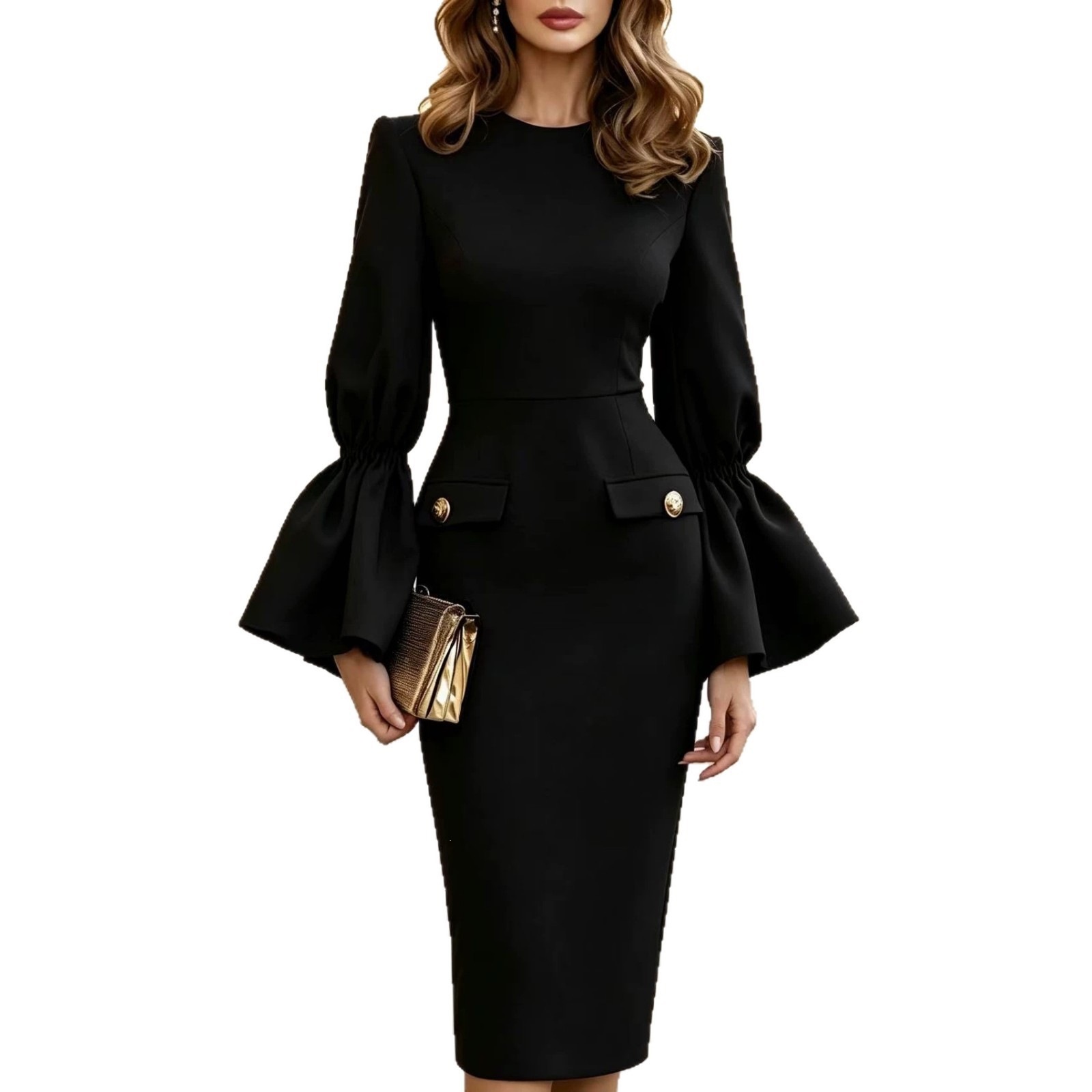 Women's Button-Detail Solid Crewneck Long-Sleeve Slim-Fit Dress