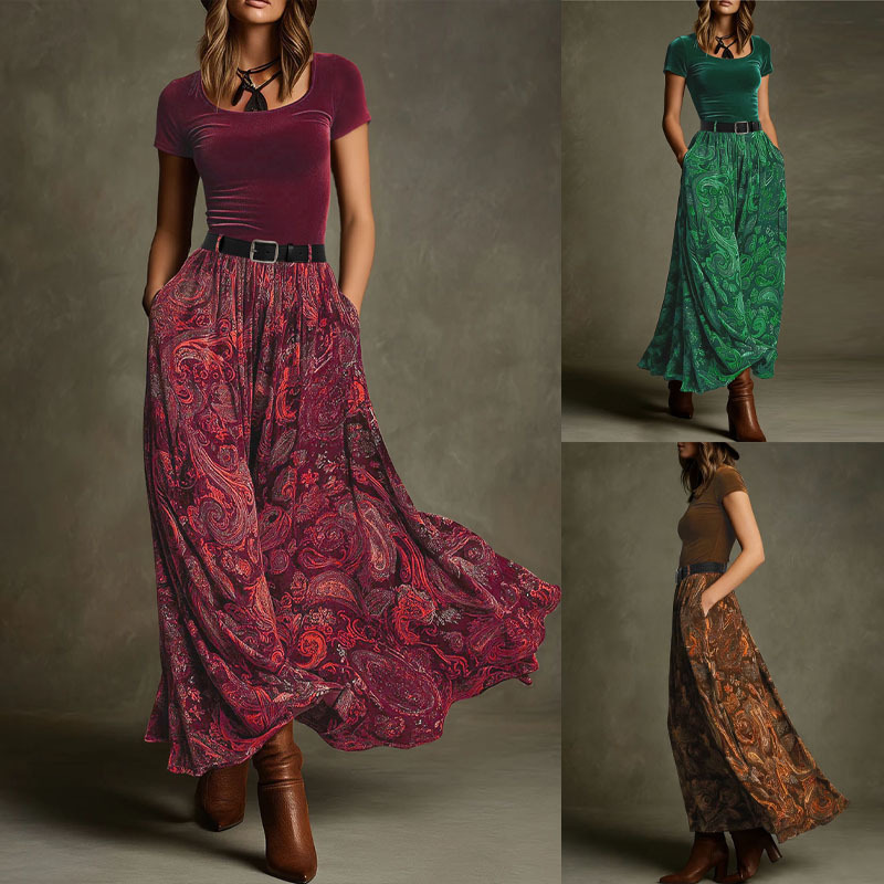 TUME Vintage Velvet Paisley Patchwork Dress with Belt