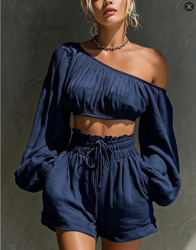 French Lazy Style One-Shoulder Long-Sleeve Crop Top & High-Waist Ruffle Shorts Set