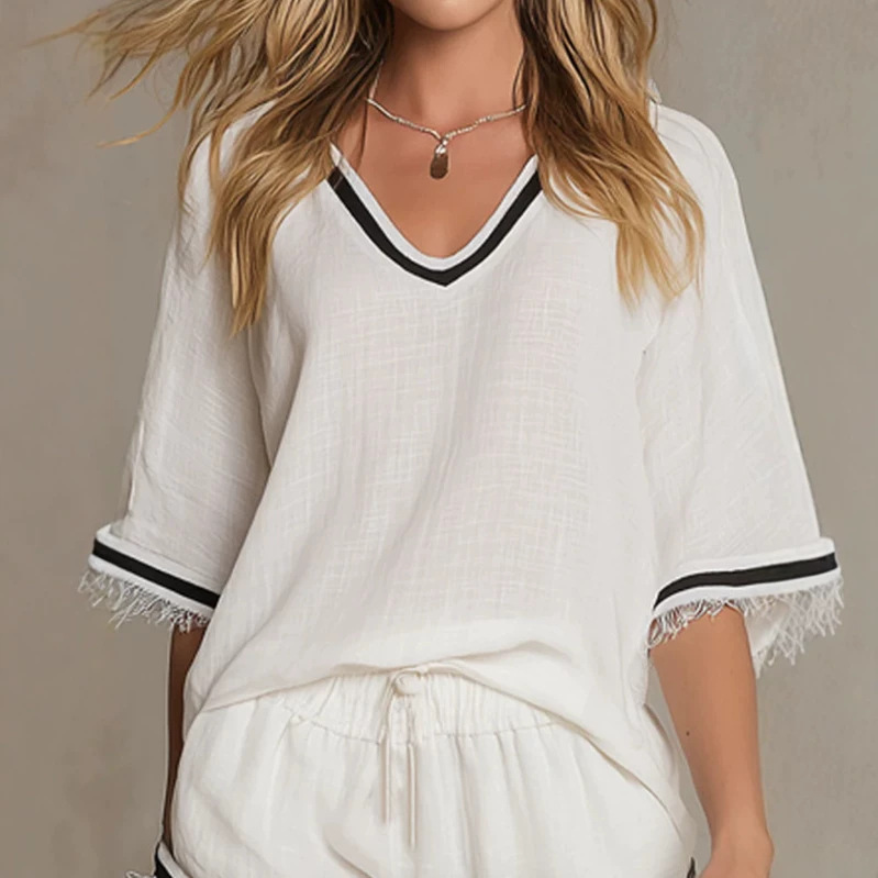 Color-Block V-Neck Cotton Linen Short-Sleeve T-Shirt and Shorts Set