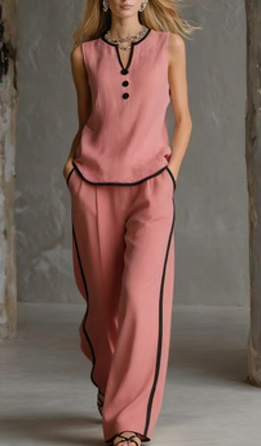 Sleeveless V-Neck Colorblock Wide-Leg Pant Set