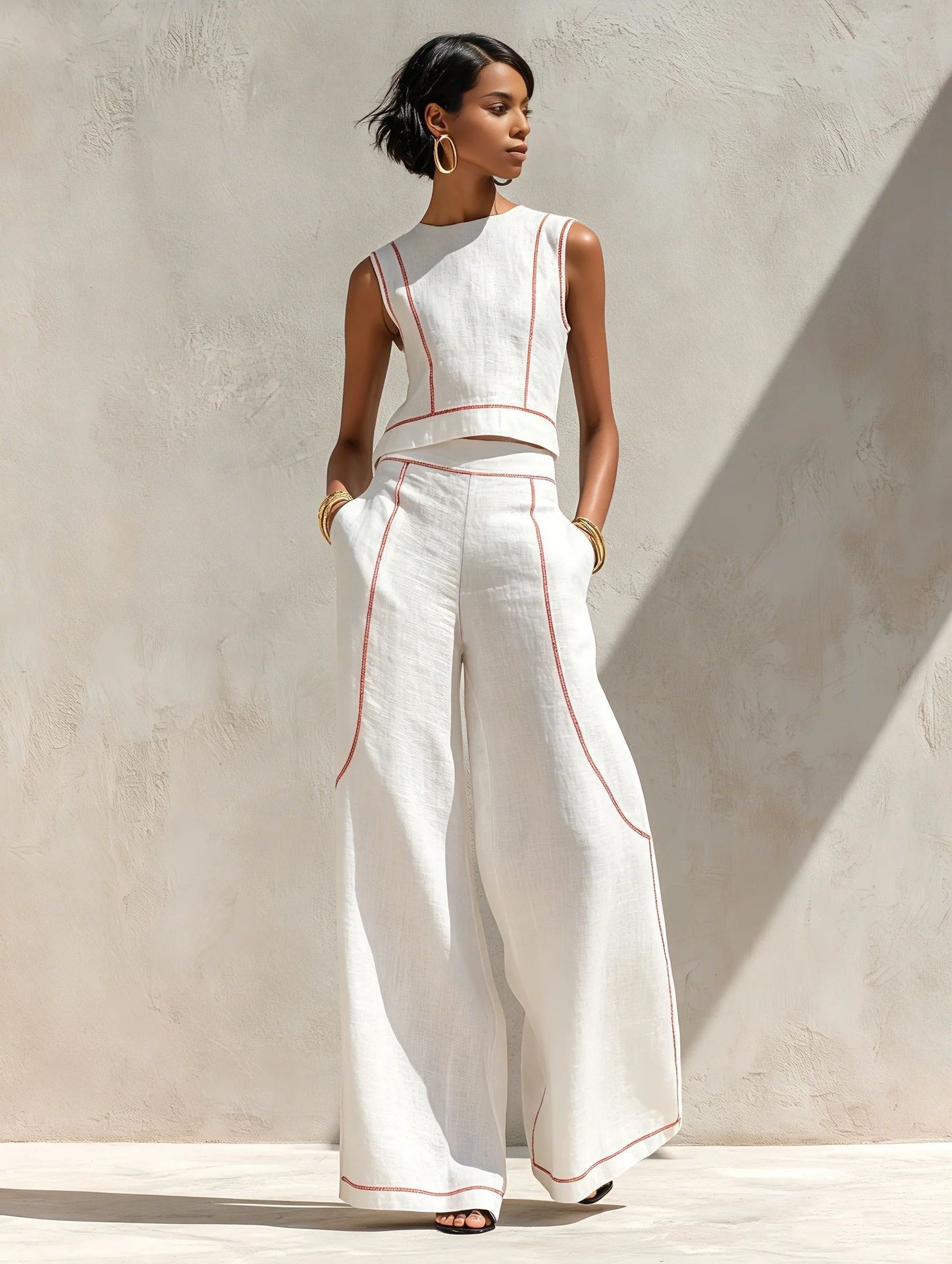 Women's Sleeveless Colorblock Wide-Leg Pants Set Casual Two-Piece